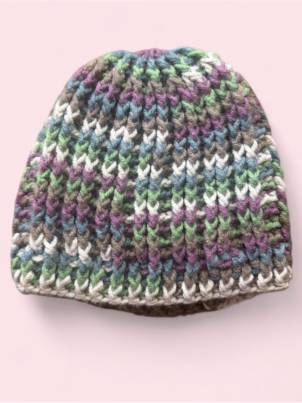 Hand-Knit Multicolor Beanie Hat - Green, Purple, Blue